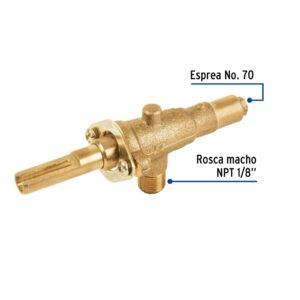 Válvula horizontal de latón 1/8' para gas LP, sin maneral